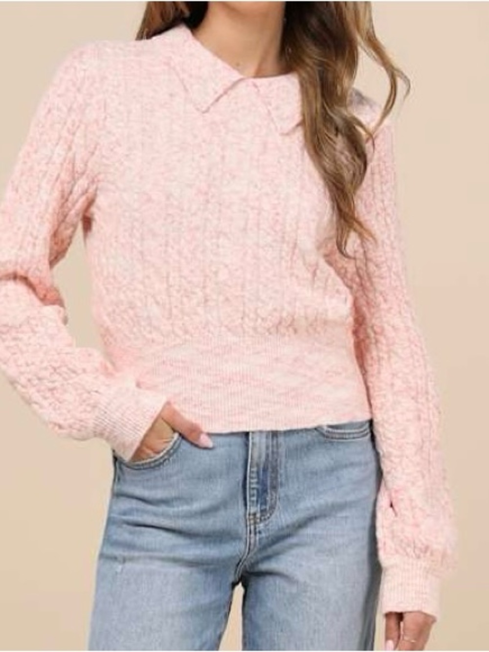 Lulus Envied Comfort Marled Coral Pink and White Cable Knit Sweater Size Small